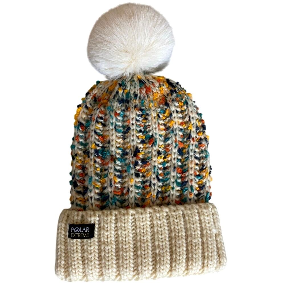 Polar Extreme Women's Knit Beanie Hat with Pompom OS Beige Green Fleece Lining